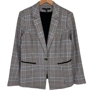 WHBM Plaid 1-Button Notch Lapel Faux Leather Trim Stretch Blazer Jacket Size 14